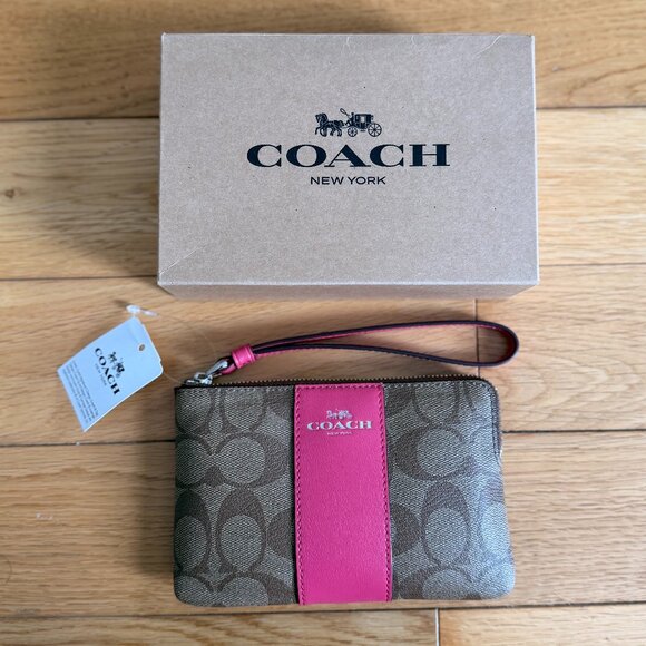 NWT COACH Signature Fuchsia & Brown Wristlet - Picture 1 of 4